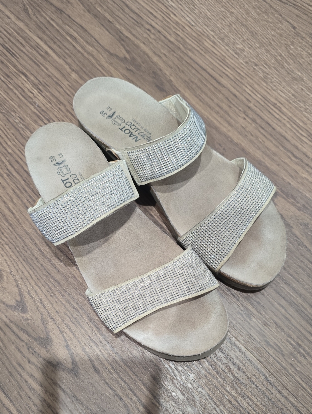 Naot Champagne Rhinestone Double-Strap Slide Sandals 39
